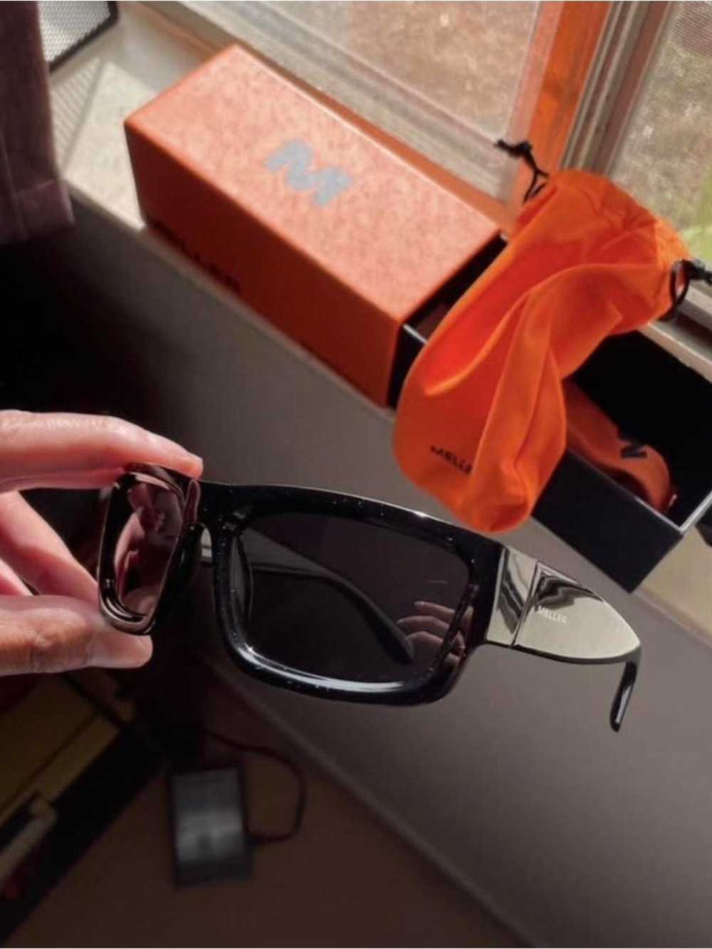 Men's Black Rectangular Sunglasses with Silver Temple Accents